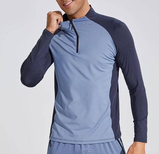 Men's Half Zip High Neck Quick Drying Long Sleeve Fitting T-Shirt