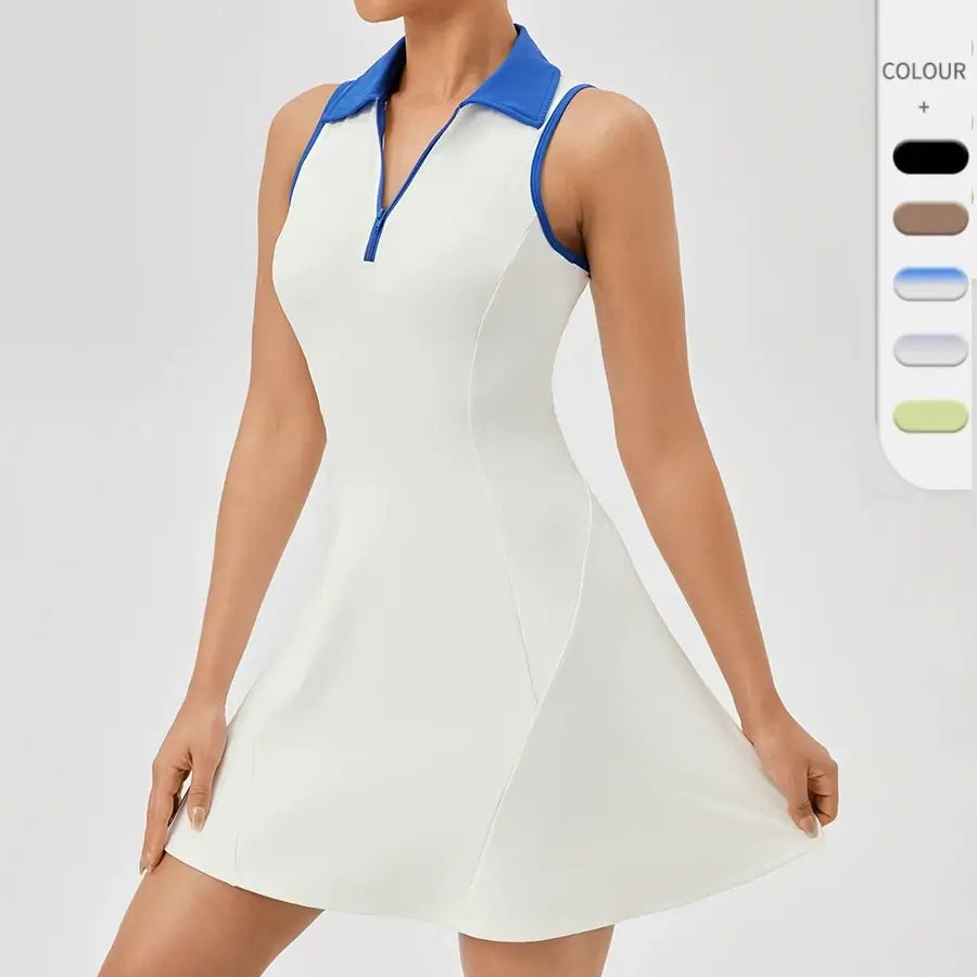 wholesale_Women_One-Piece_Tennis_Dress_Zip_Up_Polo_Sleeveless_Athletic_Dress