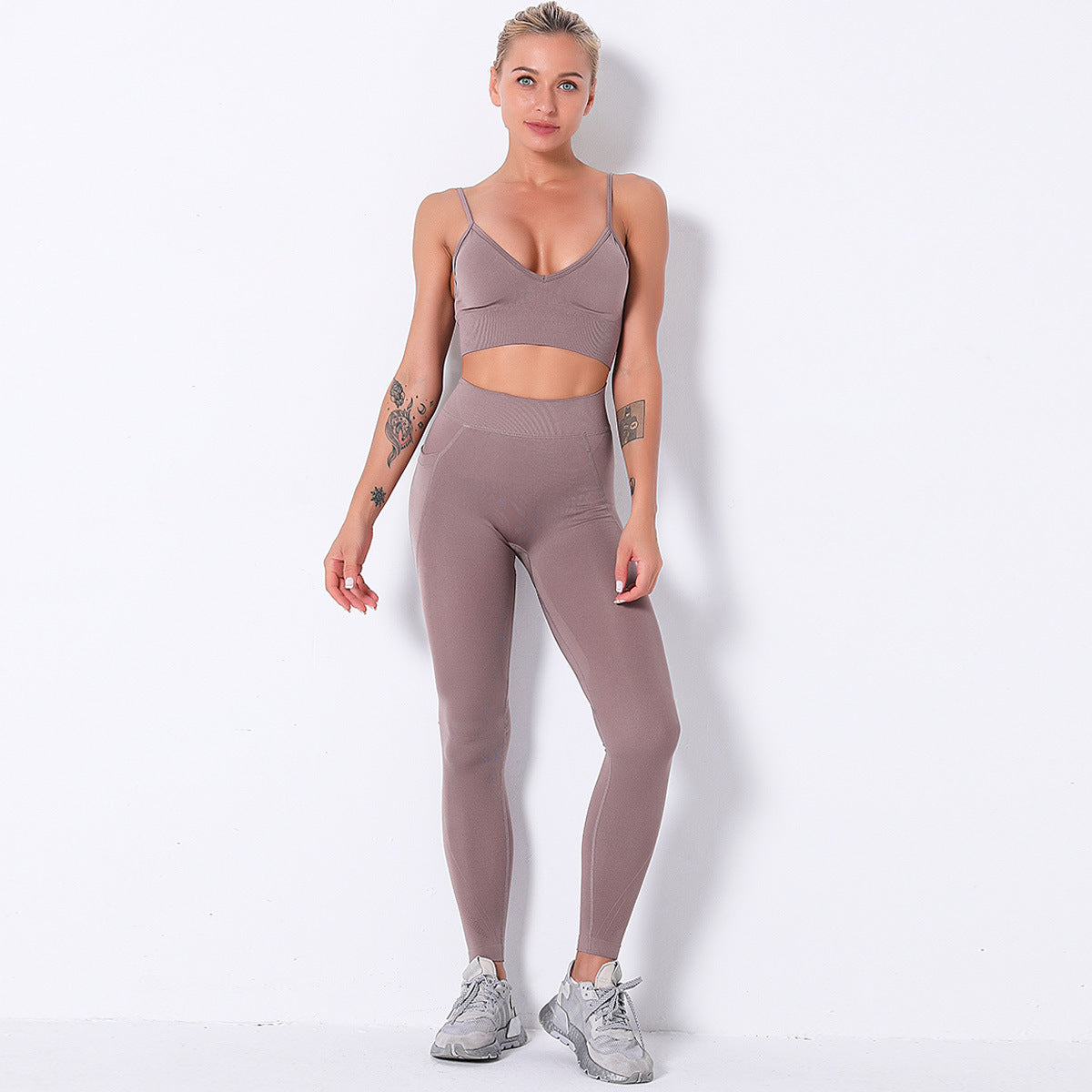 Cross Back High Waist Seamless Fitness Set With Pocket