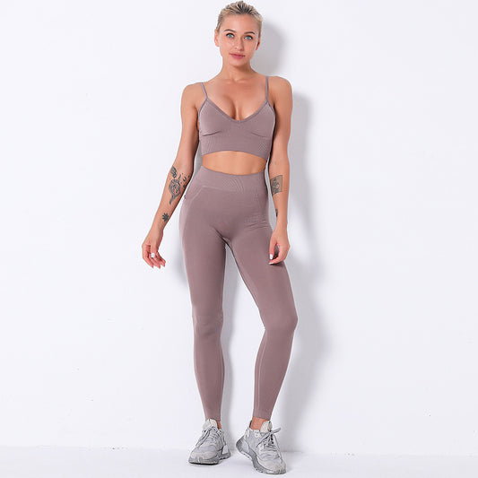Cross Back High Waist Seamless Fitness Set With Pocket