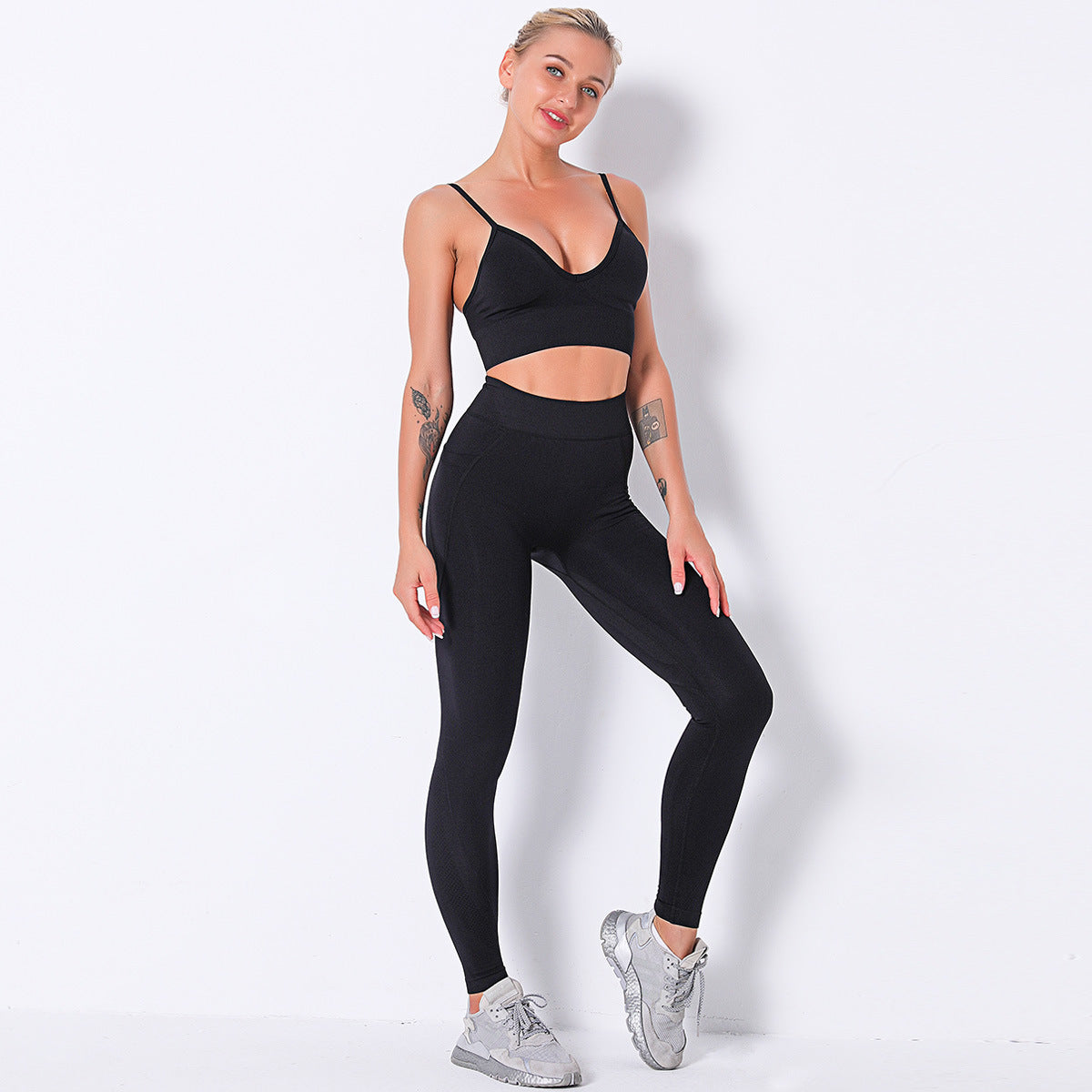 Cross Back High Waist Seamless Fitness Set With Pocket